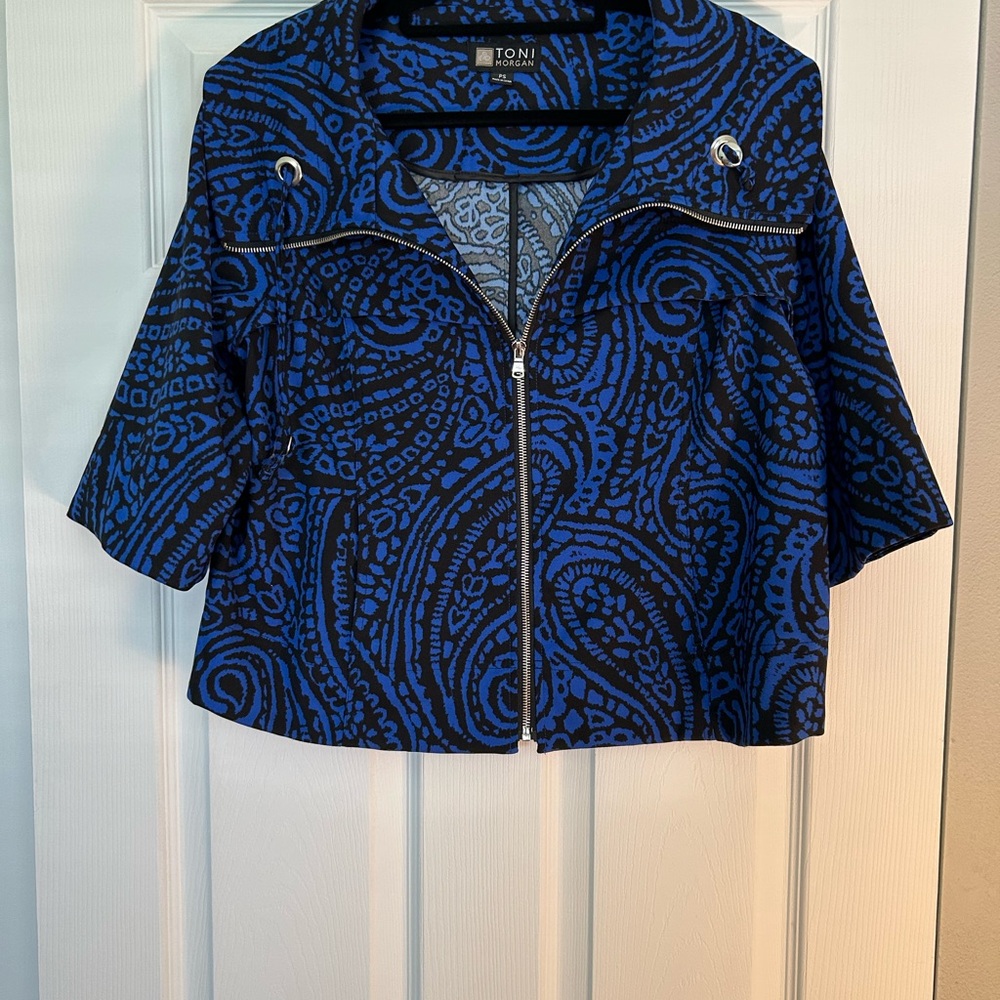 Textured Blue and Black Bomber Jacket with Swirl Design